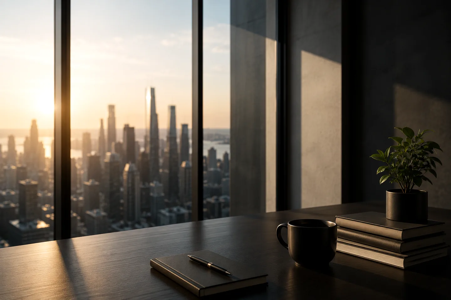 Minimal editorial workspace with books, a notebook and a city view