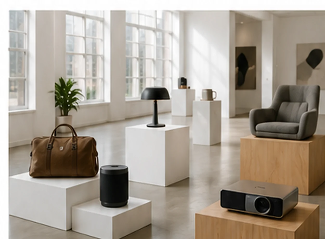 Selection of unbranded products displayed in a bright contemporary gallery