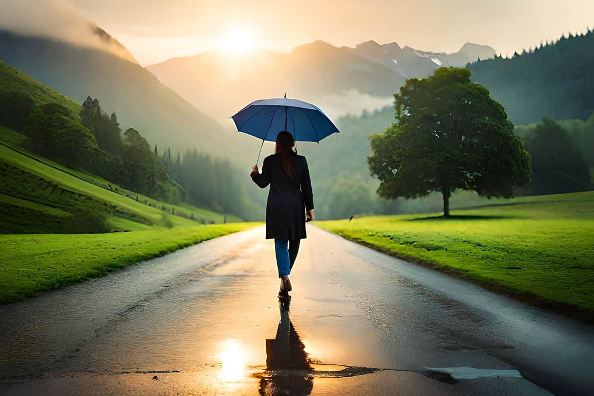 person walking in the road after the rain with the sun starting to show