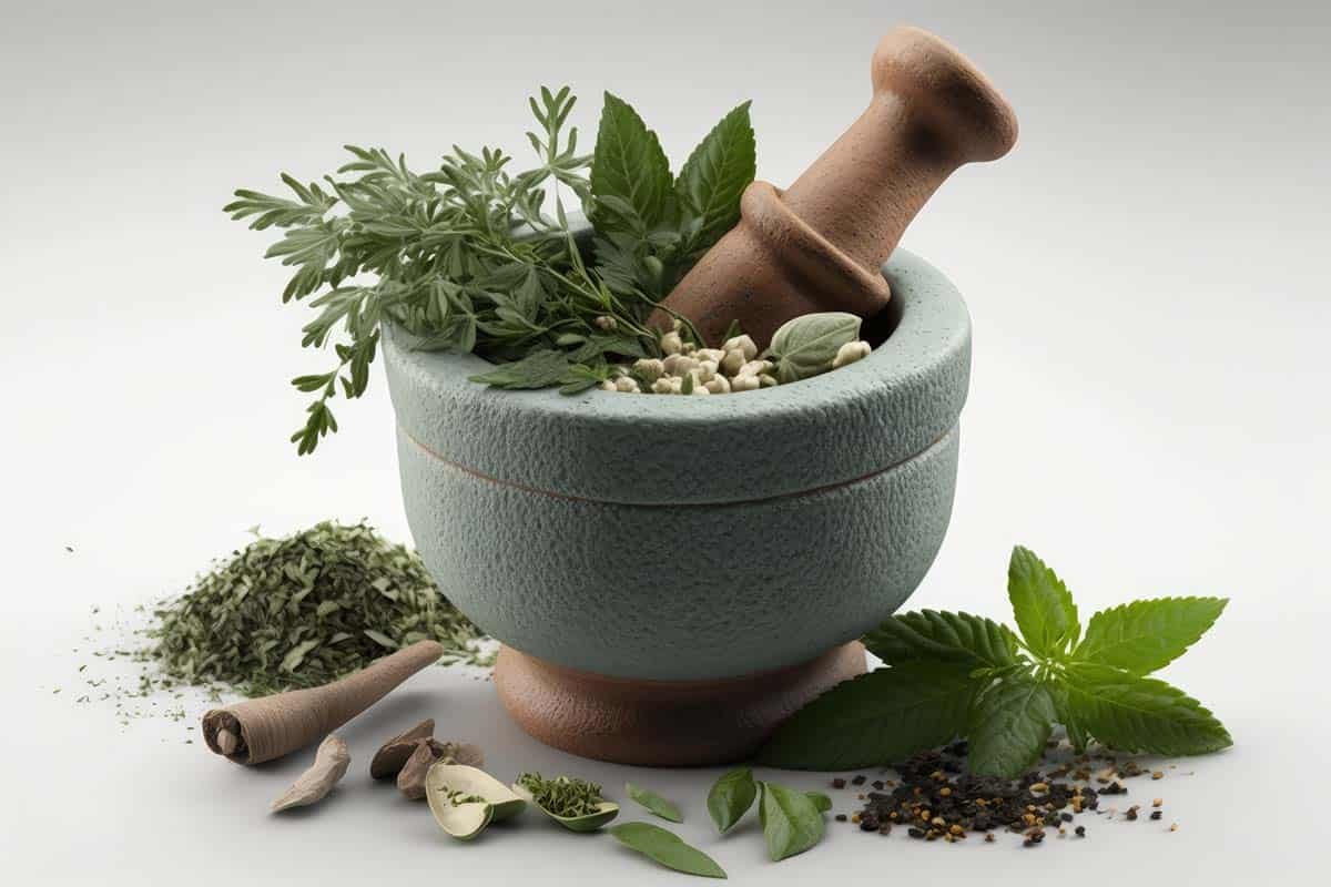 mortar pestle with fresh herbs