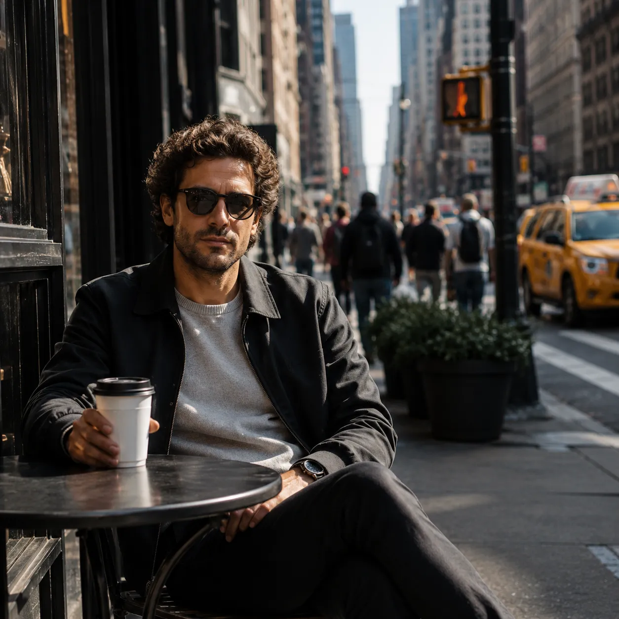 man sitting outside a cafe drinking coffee