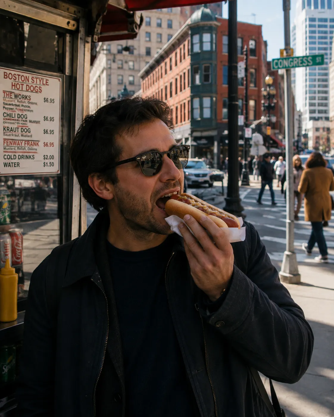 man eating hot dog