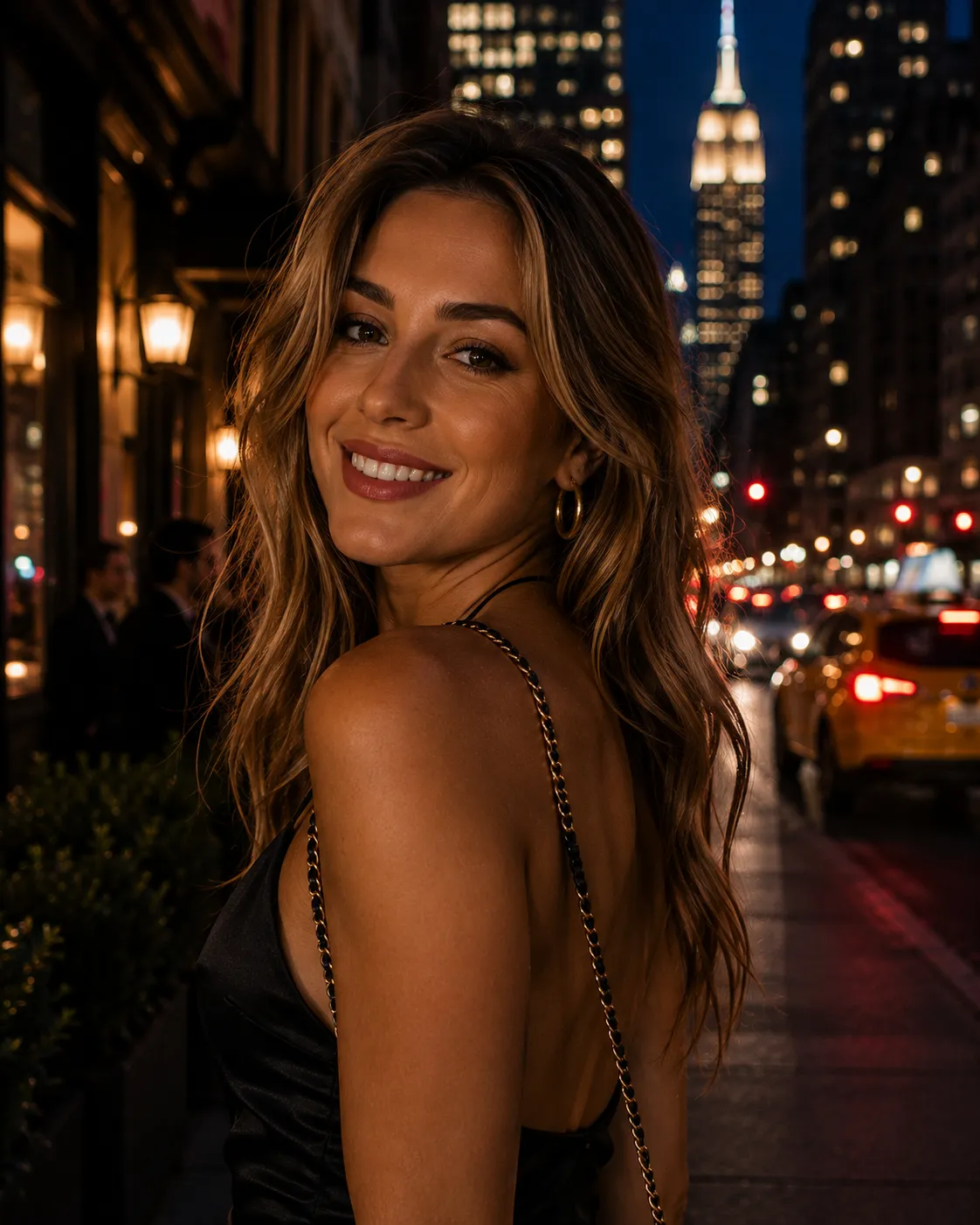 woman out on the town at night in a busy street